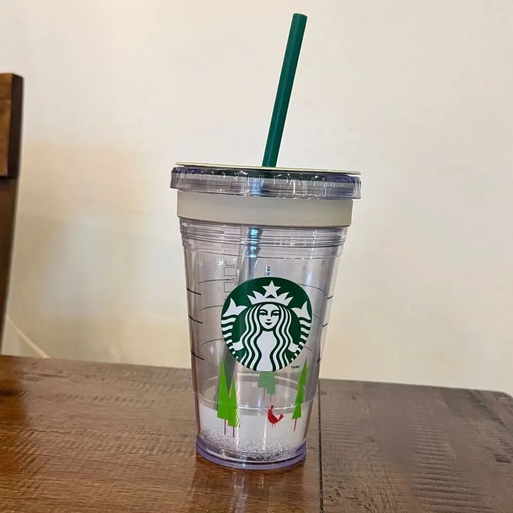 Starbucks Cup create your own cold cup with Green Straw and Tree Design
